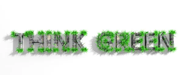 Wooden Think Green phrase with green grass growth isolated — Stock Photo, Image