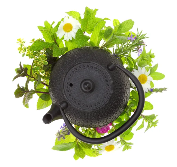 Teapot with bouquet of various herbs isolated on white