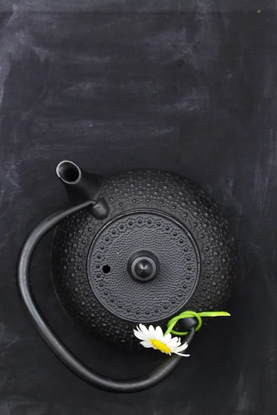 Teapot with chamomile on chalkboard top shot and copy-space — Stock Photo, Image