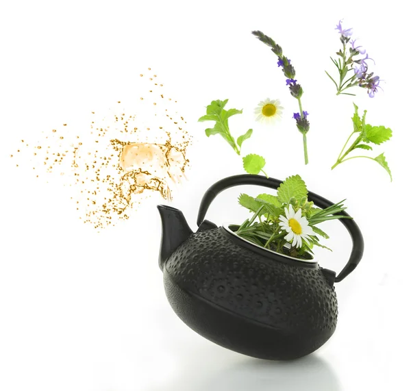 Čajník s kytice různých bylin a šplouchnutí, samostatný — Stock fotografie