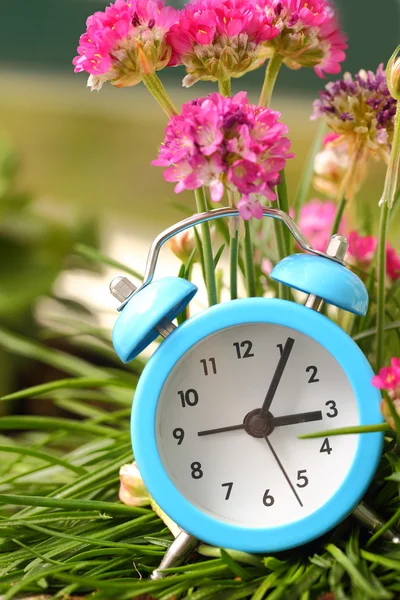 Relógio de alarme clássico com flores rosa e grama — Fotografia de Stock