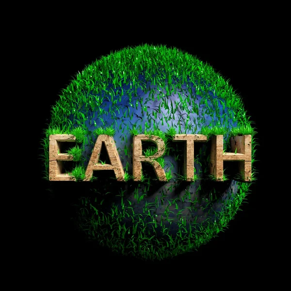 Green sphere with wooden Earth text isolated on black — Stock Photo, Image