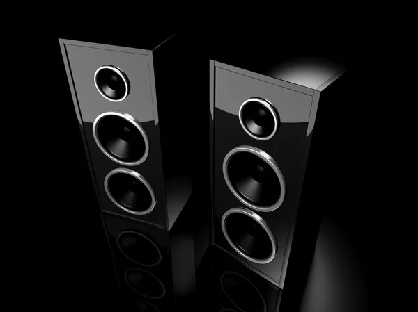 Two glossy black speakers with reflection on black background — Stock Photo, Image