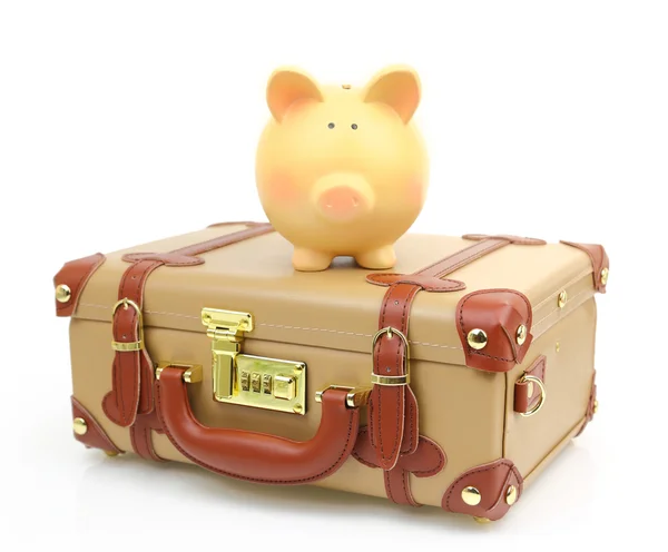 Closed brown suitcase with piggy bank on top of it — Stock Photo, Image