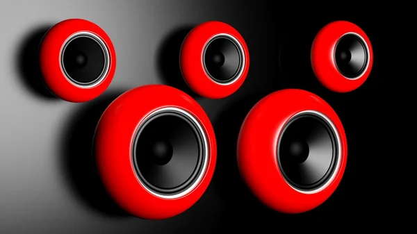 Haut-parleurs ronds rouges sur mur sombre — Photo