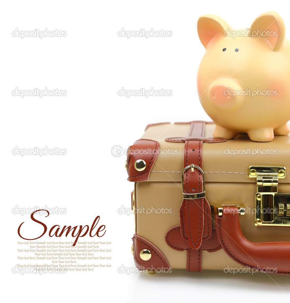 Brown suitcase with piggy bank and copy-space