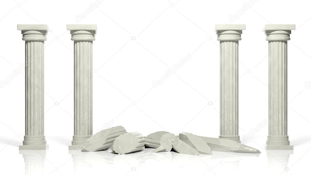 Ancient marble pillars with two middle broken isolated on white