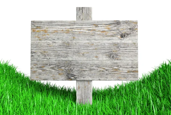 Oude houten bord met gras geïsoleerd op witte achtergrond — Stockfoto