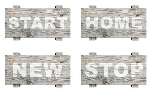 Velhos sinais informativos de madeira com selos de palavras isolados — Fotografia de Stock