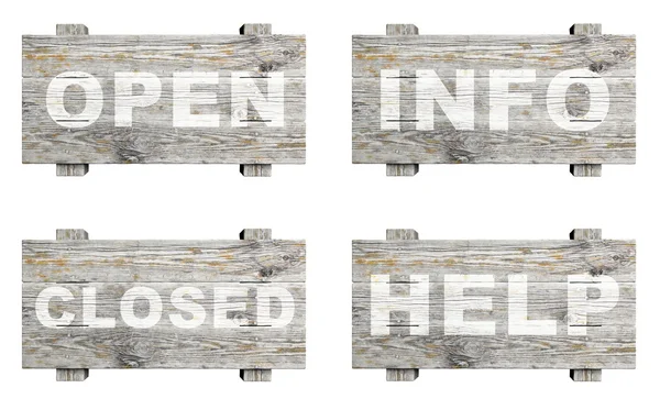 Old wooden informative signs set with word stamps isolated — Stock Photo, Image