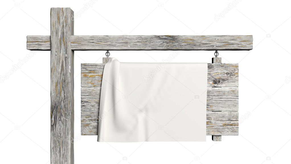 Old wooden sign with white fabric on it isolated