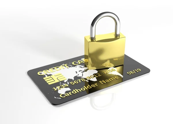 Black credit card with padlock isolated on white — Stock Photo, Image