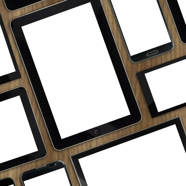 Σύνολο των ψηφιακών συσκευών κενό πρότυπα σε ξύλινα επιτραπέζια — Φωτογραφία Αρχείου