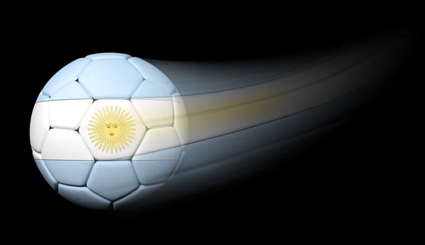 Soccer ball with Argentinian flag in motion on black — Stock Photo, Image