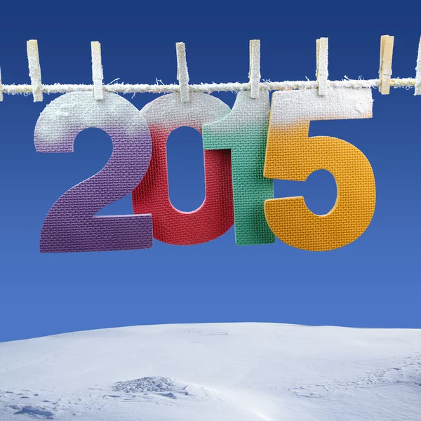 Number 2015 hanging on a clothesline in a wintry background — Stock Photo, Image