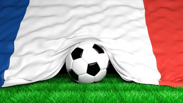 Pelota de fútbol con bandera francesa en el primer plano del campo de fútbol —  Fotos de Stock