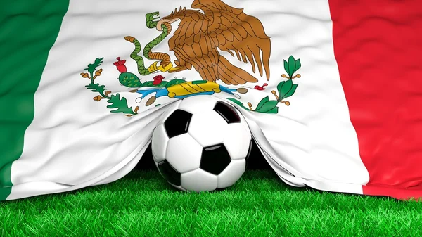 Pallone da calcio con bandiera messicana sul campo di calcio primo piano — Foto Stock