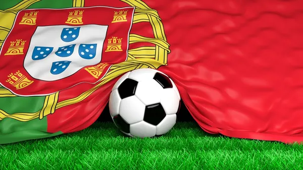 Bola de futebol com bandeira portuguesa no campo de futebol close-up — Fotografia de Stock