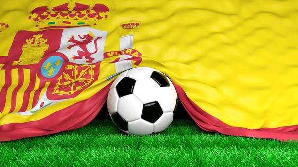 Pelota de fútbol con bandera de España en primer plano del campo de fútbol —  Fotos de Stock