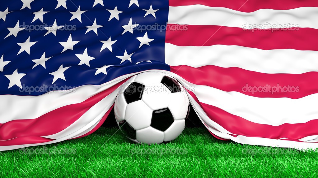 Soccer ball with Usa flag on football field closeup 