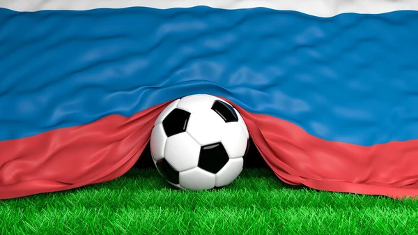 Pelota de fútbol con bandera rusa en el primer plano del campo de fútbol — Foto de Stock
