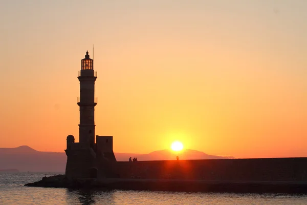 Világítótorony a naplemente chania crete — Stock Fotó