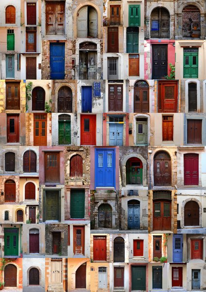 Collection of weathered doors in the old town of Chania, Crete island