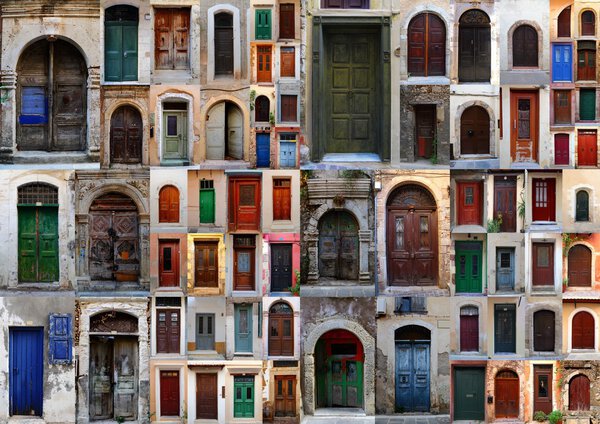 Collection of weathered doors in the old town of Chania