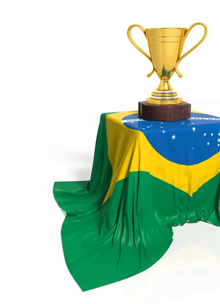 黄金のトロフィーを白で隔離されるブラジルの国旗 — ストック写真