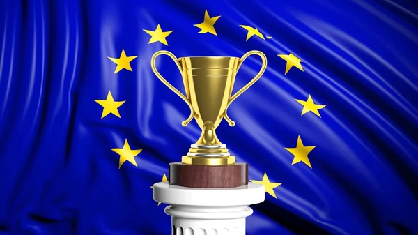 Goldene Trophäe mit europäischer Flagge im Hintergrund — Stockfoto