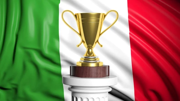 Zlatá trofej s italskou vlajkou v pozadí — Stock fotografie