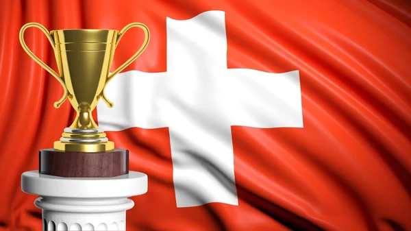 Gouden trofee met swiss vlag op achtergrond — Stockfoto