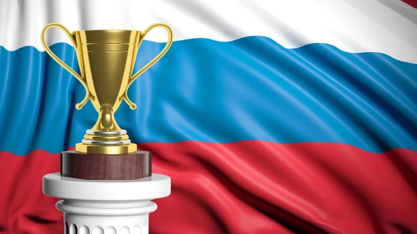 Zlatá trofej s ruskou vlajkou v pozadí — Stock fotografie