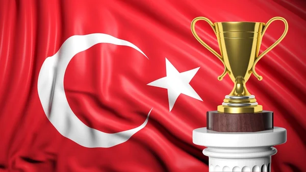Arany trófea török zászló a háttérben — Stock Fotó