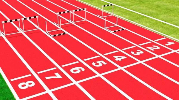 Fila de obstáculos en el primer plano de pista de atletismo —  Fotos de Stock