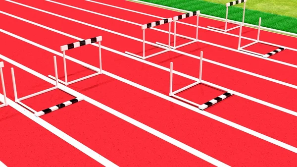Fila de obstáculos en el primer plano de pista de atletismo —  Fotos de Stock