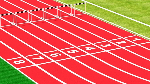 Fila de obstáculos blancos y negros en pista de atletismo —  Fotos de Stock