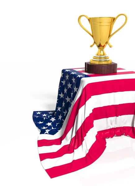 金灿灿的奖杯与孤立的白色衬底上的美国国旗 — 图库照片