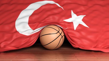 basketbol topu ile parke zemin üzerinde Türkiye'nin bayrak