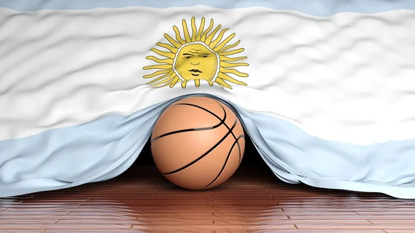 Balle de basket avec drapeau argentin sur parquet — Photo