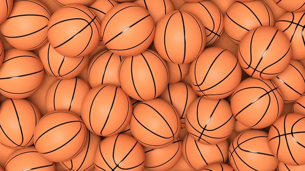 Muitas bolas de basquete no fundo da pilha — Fotografia de Stock