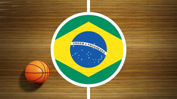 Basketball court parquet floor center with flag of Brazil — Stock Photo, Image