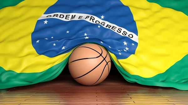 Basketball ball with flag of Brazil on parquet floor — Stock Photo, Image