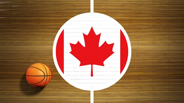 Terrain de basketball parquet au centre avec drapeau du Canada — Photo