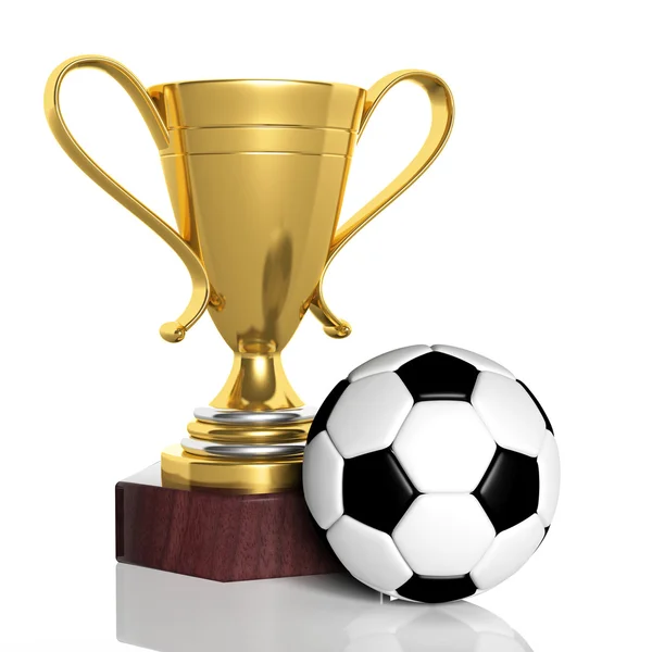 Golden trophy and classic soccer ball isolated — Stock Photo, Image