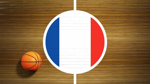 Basketball court parquet floor center with flag of France — Stock Photo, Image