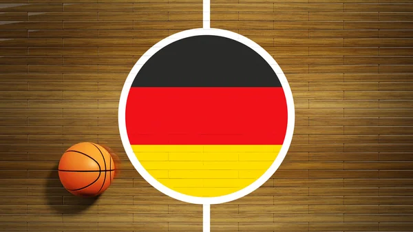 Basketball court parquet floor center with flag of German — Stock Photo, Image