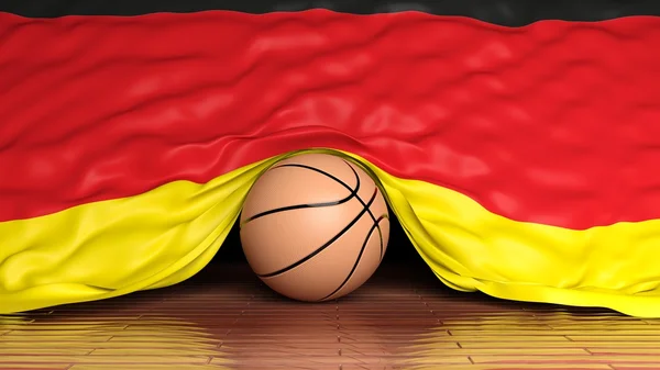 Piłkę do koszykówki z banderą Niemiec na parkiet — Zdjęcie stockowe