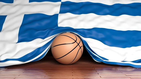 Balón de baloncesto con bandera de Grecia en el suelo de parquet — Foto de Stock