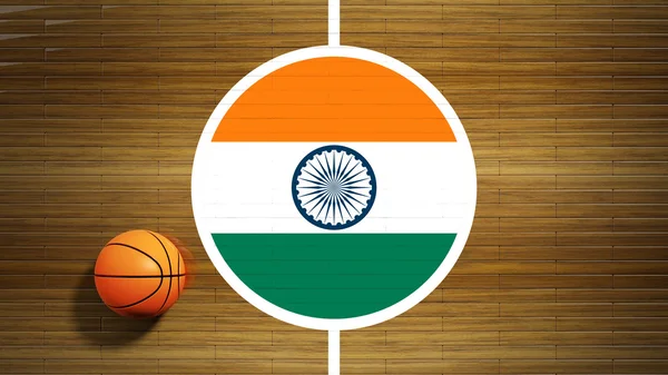 Terrain de basket parquet centre avec drapeau de l'Inde — Photo
